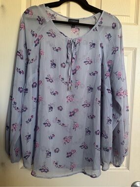 Lane Bryant Pale Blue Floral Tie-Neck Top, Size 14/16